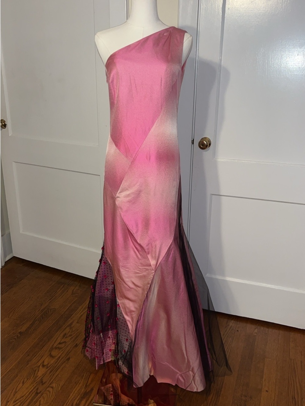 Christian Lacroix Archival Pink Silk One-Shoulder Gown with Tulle Train – FR 38